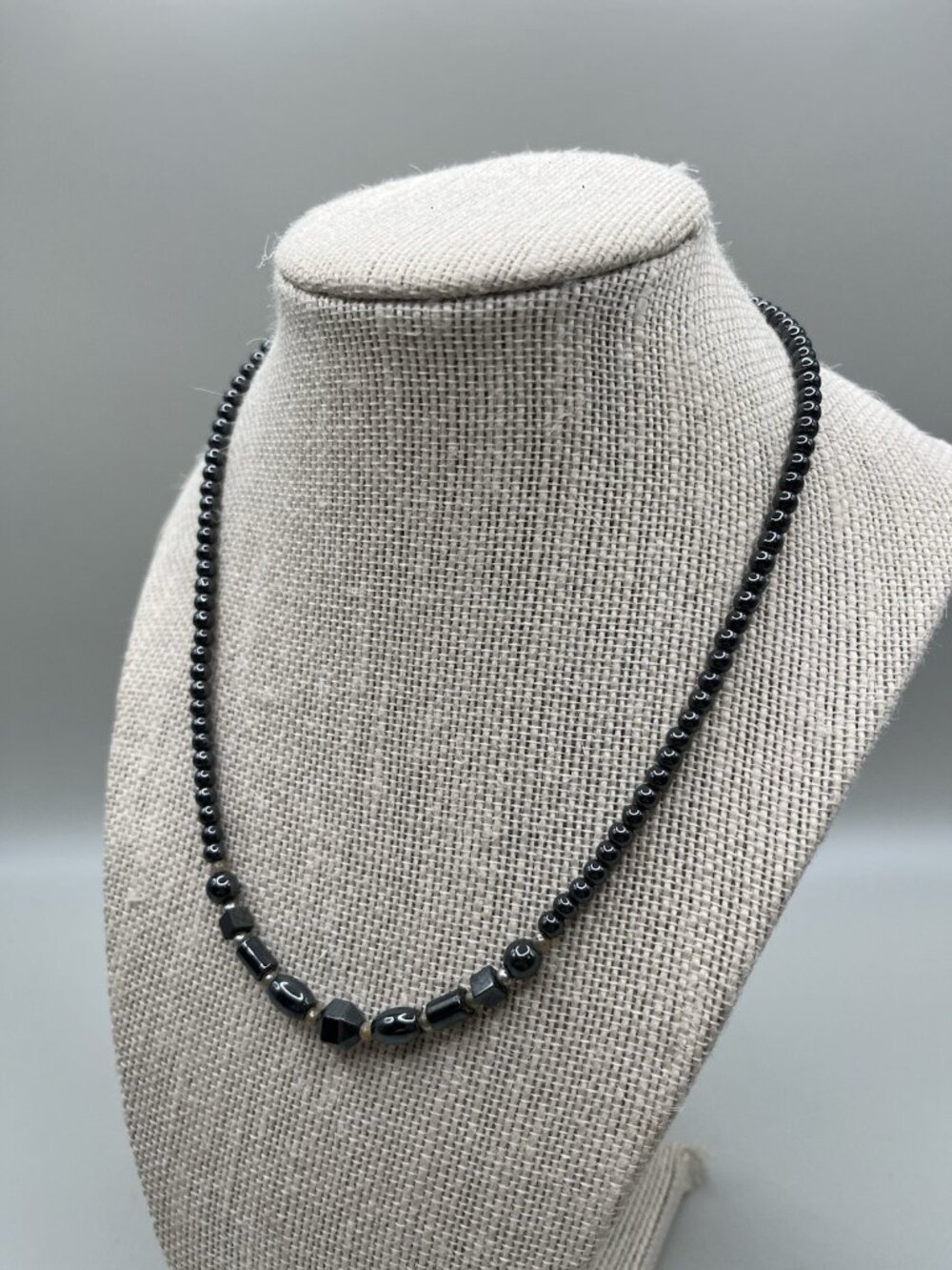 VTG 80s Hematite Beaded Necklace Gray Metallic Geometric Beads Art Deco Gunmetal